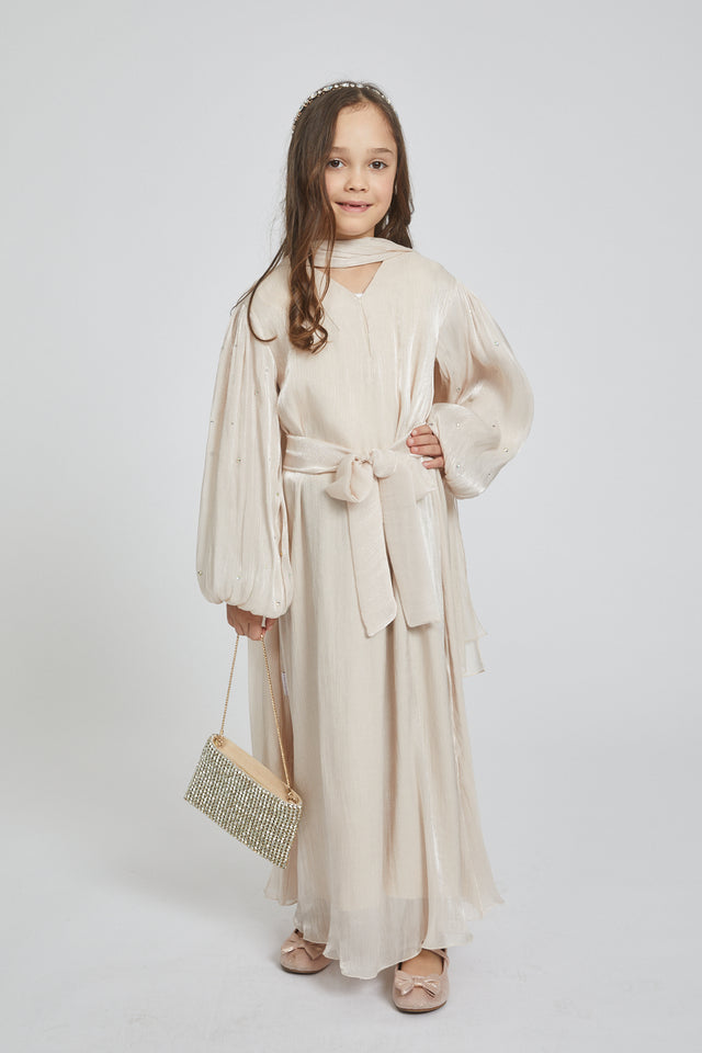 Junior Girls Premium Organza Frost Dainty Embellished Closed Abaya - Moonbeam