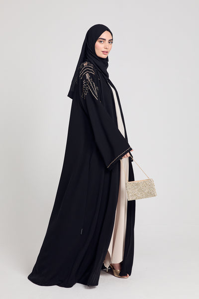 Luxury Crystal Embellished Open Abaya - Black and Gold – AbayaButh