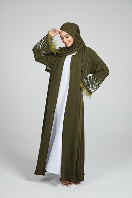 Embellished Sleeve Open Abaya with Feathers - Khaki