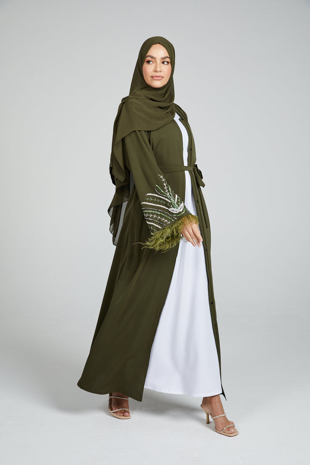 Embellished Sleeve Open Abaya with Feathers - Khaki