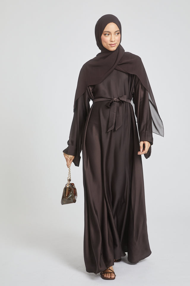 Premium Timeless Umbrella Cut Closed Abaya with Folded Cuffs - Dark Taupe Brown