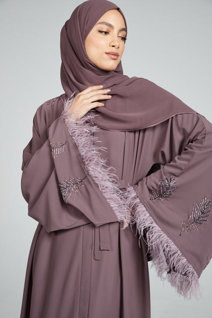 Flared Sleeve Embellished Open Abaya with Feathers - Twilight Mauve