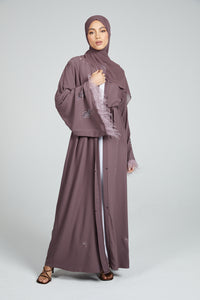 Flared Sleeve Embellished Open Abaya with Feathers - Twilight Mauve