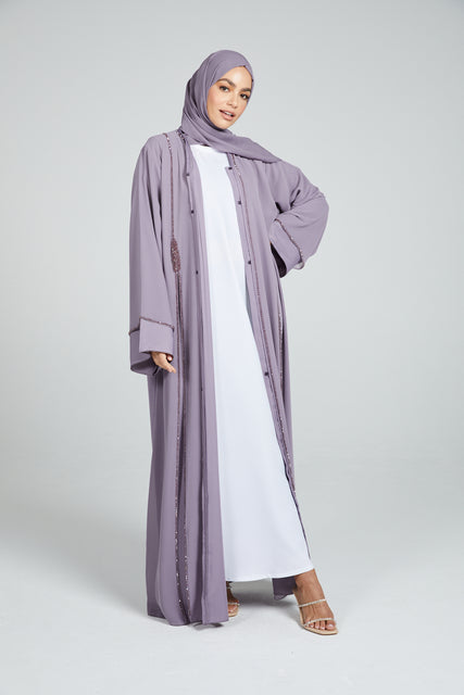 Premium Misty Lilac Open Abaya with Embellished Chiffon Panels