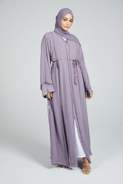 Premium Misty Lilac Open Abaya with Embellished Chiffon Panels