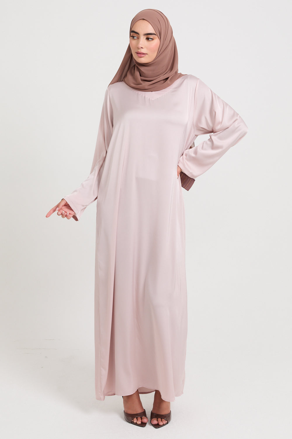 Long Sleeve Light Pink Abaya Slip Dress - Satin Inner Slip Dress AbayaButh Long Sleeve Light Pink Abaya Slip Dress - Satin Inner Slip Dress AbayaButh
