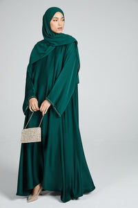 Premium Satin Closed Umbrella Cut Abaya with Embellished Cuffs - Emerald Green