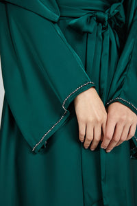 Premium Satin Closed Umbrella Cut Abaya with Embellished Cuffs - Emerald Green