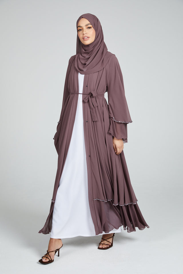 Deep Mauve Embellished Layered Open Abaya