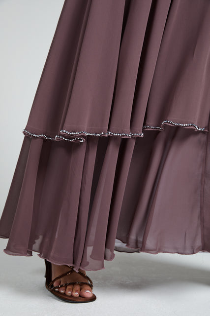 Deep Mauve Embellished Layered Open Abaya
