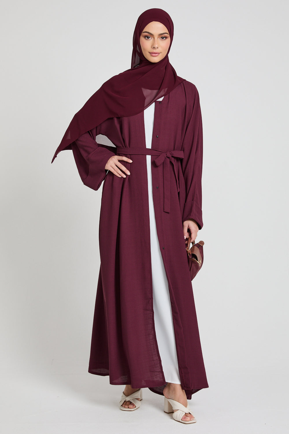 Linen Blend Open Abaya With Pockets - Burgundy AbayaButh Linen Blend Open Abaya With Pockets - Burgundy AbayaButh