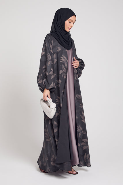 Luxury Floral Mist Print Open Abaya - Dusky Black