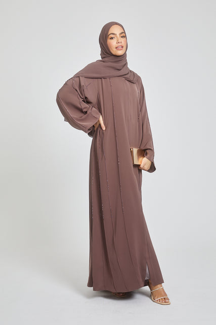 Premium Dainty Embellished Open Abaya - Deep Mauve