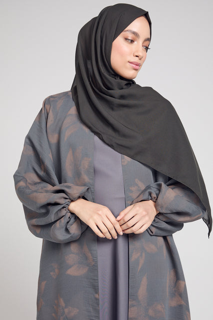 Luxury Floral Mist Print Open Abaya - Dusky Grey