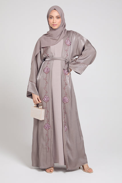 Four Piece Organza Silk Floral Embellished Open Abaya Set - Mocha Meringue