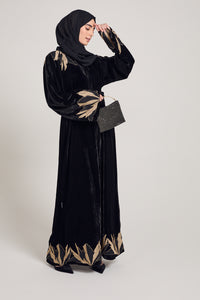 Premium Black Velvet Open Abaya with Gold Lace Detailing