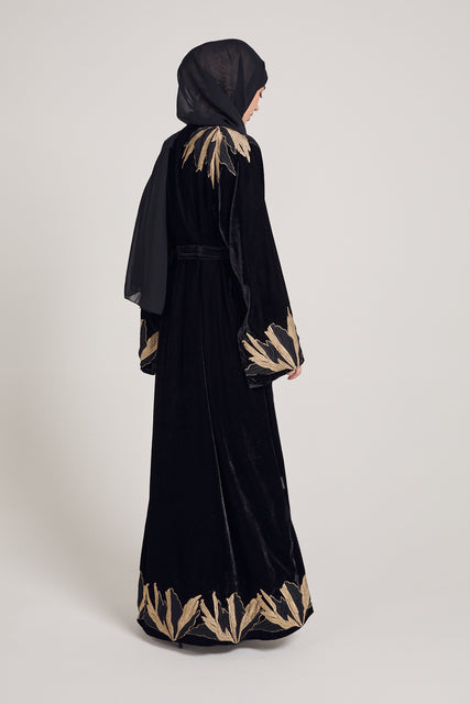 Premium Black Velvet Open Abaya with Gold Lace Detailing