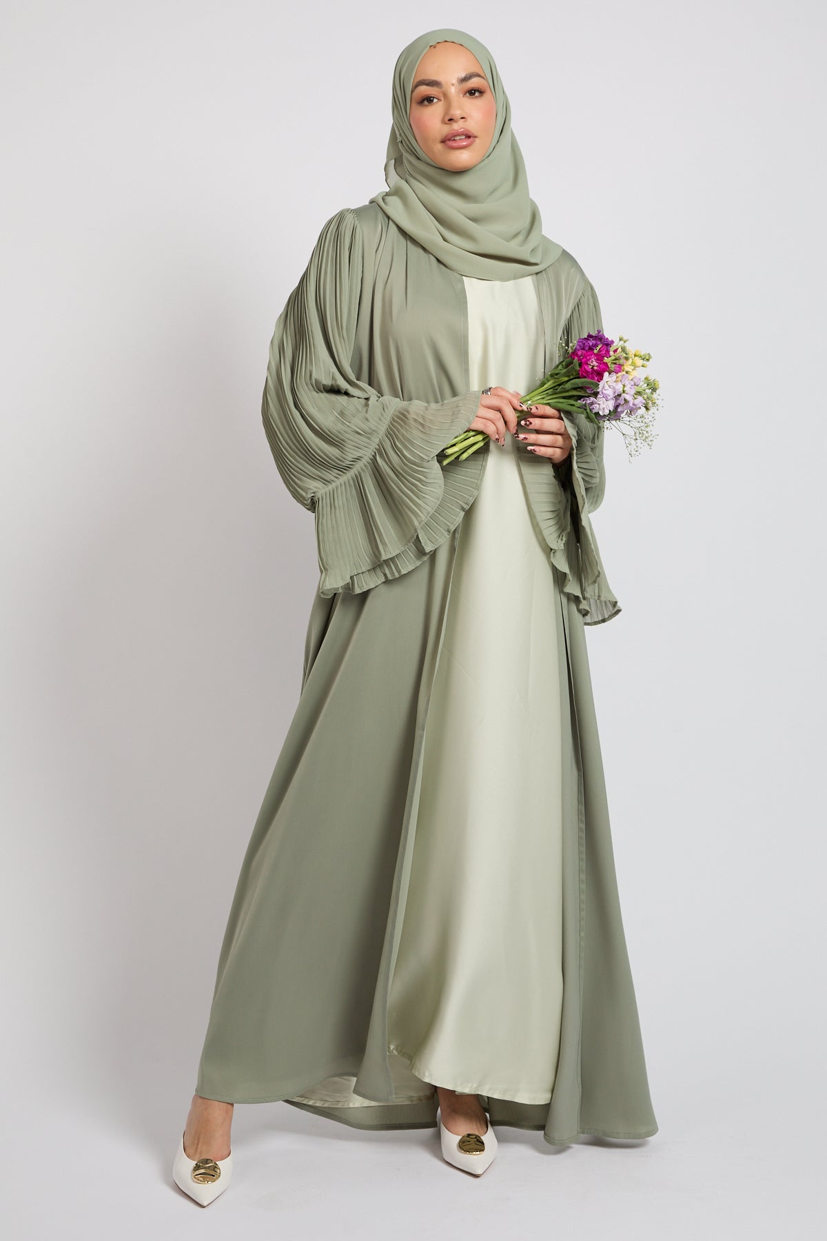 sage green abaya dress Premium Signature Pleated Bell Sleeve Open Abaya Sage - Polyester - Green - Adult - 58