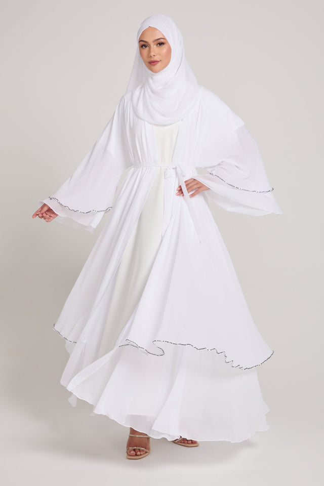 Royal White Embellished Layered Open Abaya