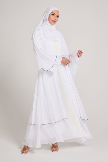 Royal White Embellished Layered Open Abaya