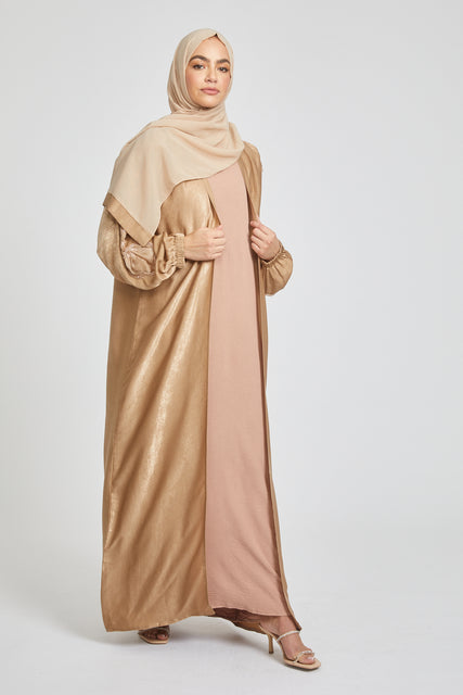 Three Piece Organza Silk Open Abaya with Embellished Motif - Golden Bronze