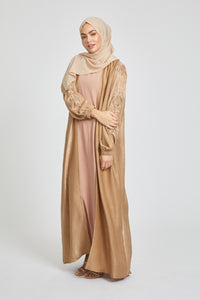 Three Piece Organza Silk Open Abaya with Embellished Motif - Golden Bronze