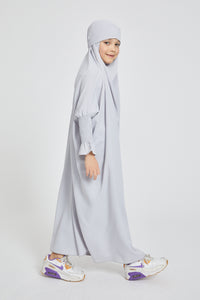 Junior Girls One Piece Full Length Jilbab/ Prayer Abaya - Frill Cuff - Timeless Grey