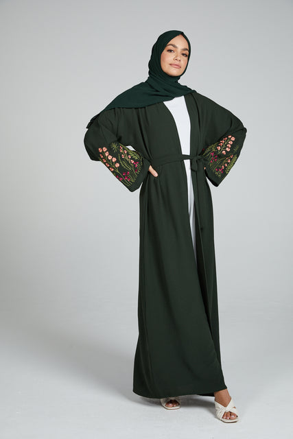 Blooming Embroidered Four Piece Open Abaya Set - Forest Green