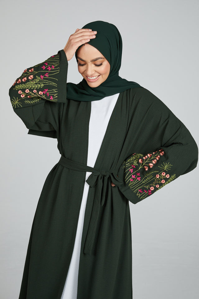 Blooming Embroidered Four Piece Open Abaya Set - Forest Green