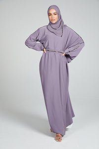 Draped Closed Abaya with Pleats and Embellishments - Lilac