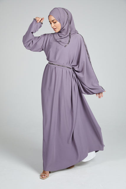 Draped Closed Abaya with Pleats and Embellishments - Lilac