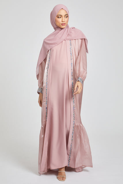 Four Piece Crystal Rose Organza Open Abaya Set - LIMITED EDITION