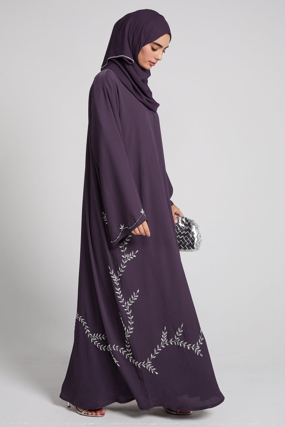 Premium Textured Floral Cascading Embellished Open Abaya