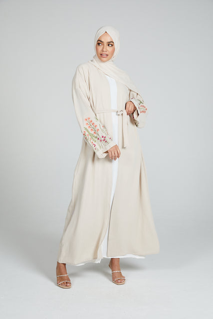 Blooming Embroidered Four Piece Open Abaya Set - Natural