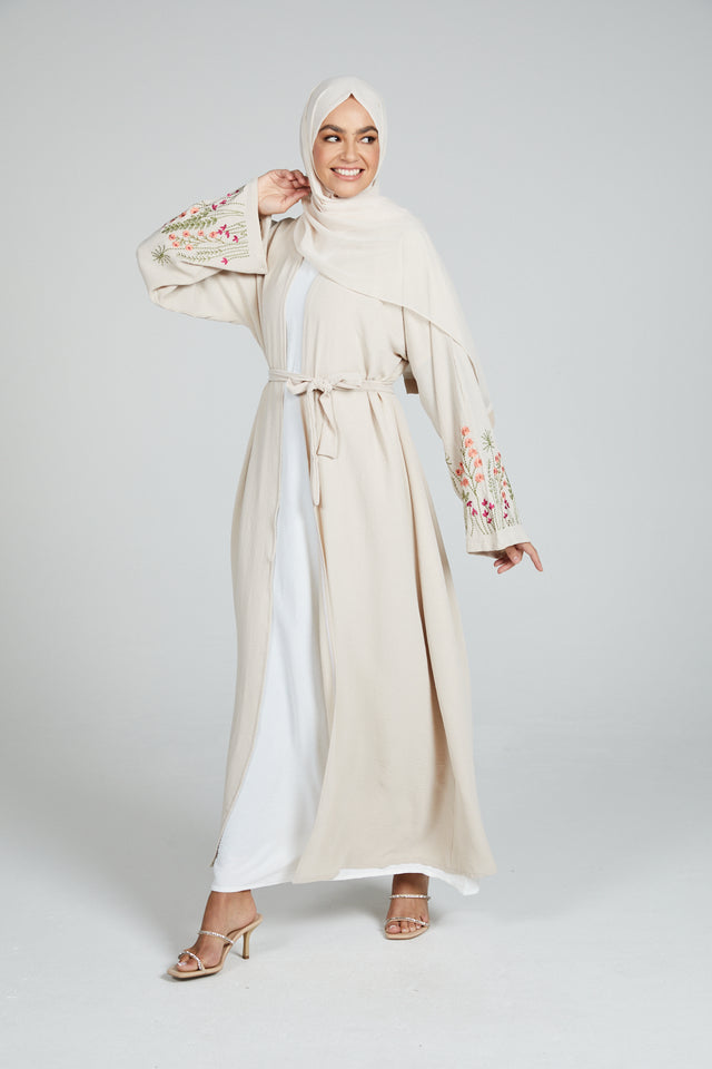 Blooming Embroidered Four Piece Open Abaya Set - Natural