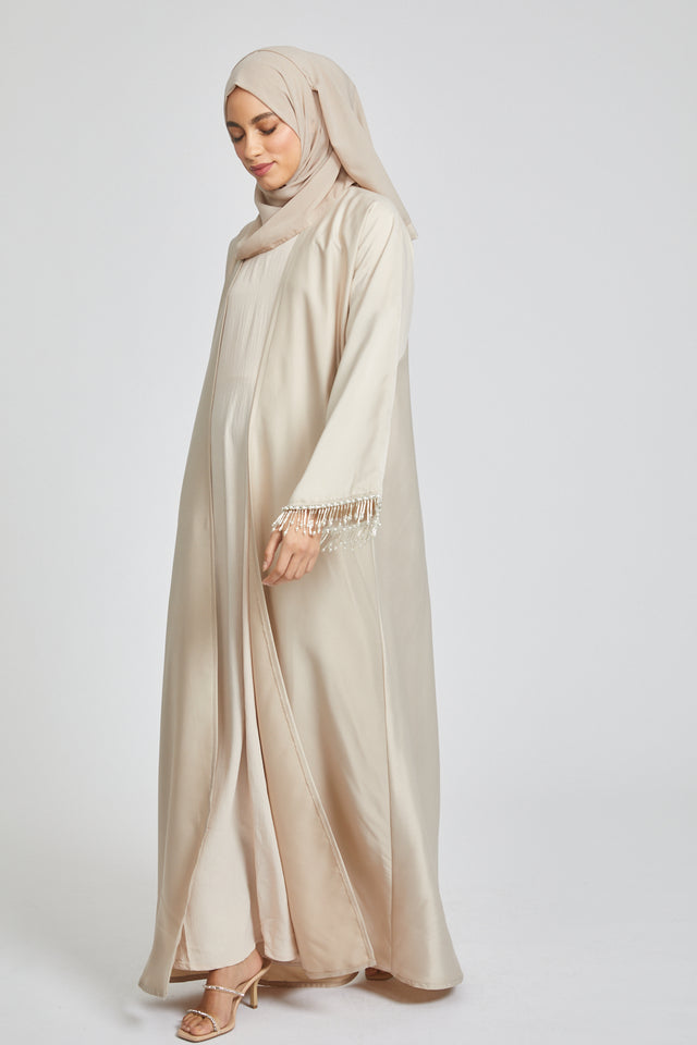 Four Piece Open Abaya Set with Tassel Cuff - Nude