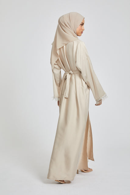 Four Piece Open Abaya Set with Tassel Cuff - Nude
