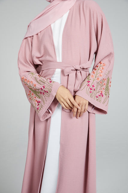 Blooming Embroidered Four Piece Open Abaya Set - Sunset Kiss