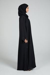 Classic Black Closed Abaya with Ivy Floral Cuff