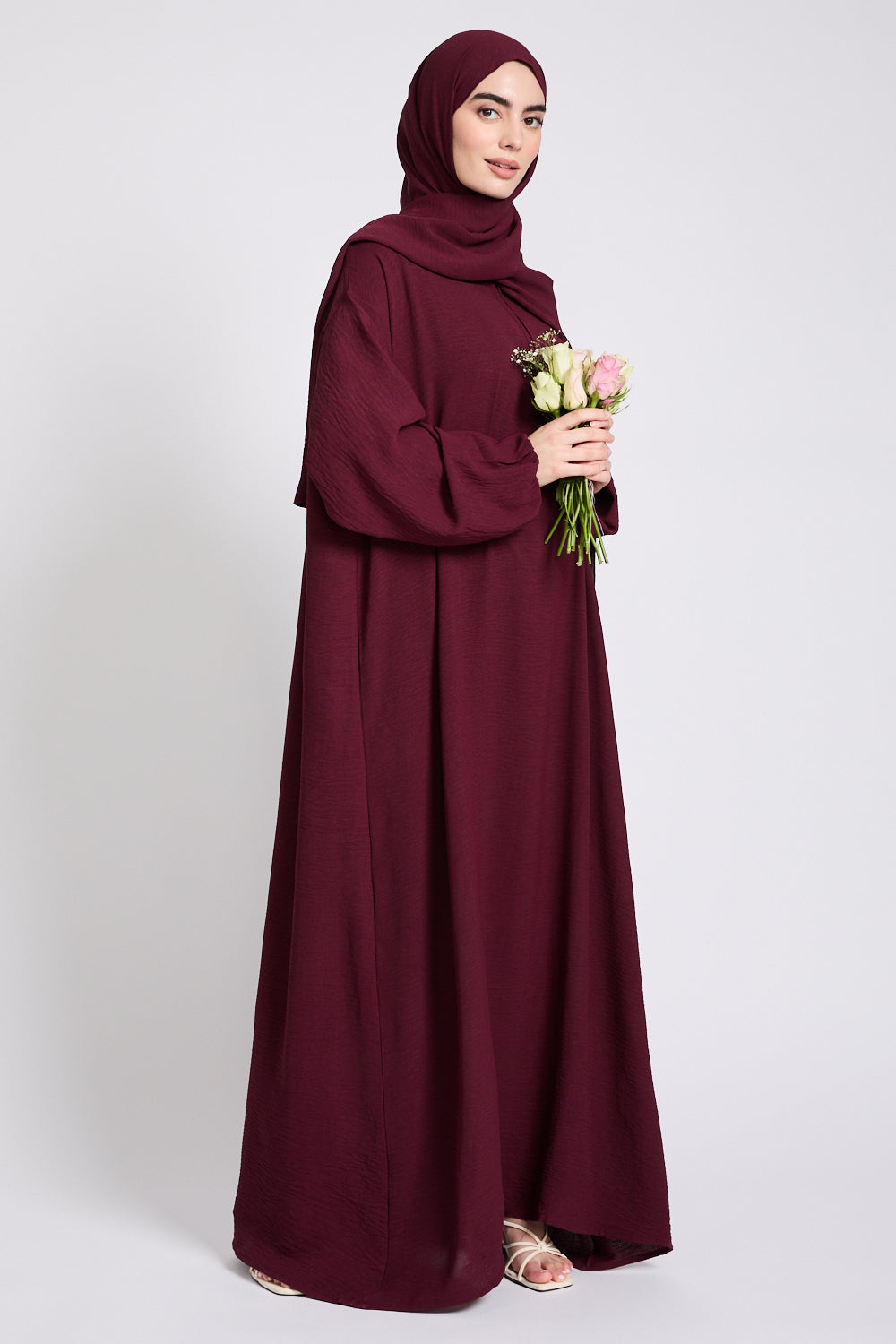 Closed Abaya with Front Zip and Attached Hijab - Burgundy Mist AbayaButh Closed Abaya with Front Zip and Attached Hijab - Burgundy Mist AbayaButh