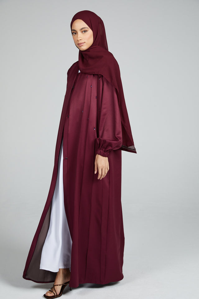 Premium Maroon Open Abaya with Dainty Embellishments