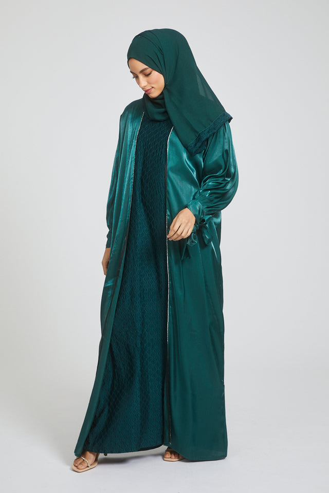 Four Piece Organza Open Abaya Set with Textured Inner Slip Dress - Forest Green