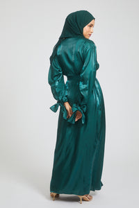 Four Piece Organza Open Abaya Set with Textured Inner Slip Dress - Forest Green