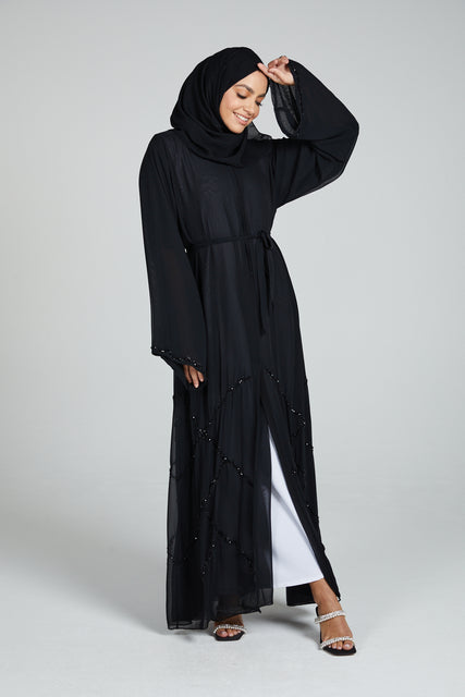 Premium Chiffon Cluster Embellished Open Abaya - Black