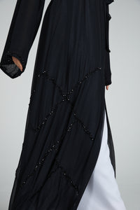 Premium Chiffon Cluster Embellished Open Abaya - Black