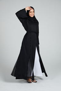 Premium Black Open Abaya with Embellished Piping and Chiffon Detail