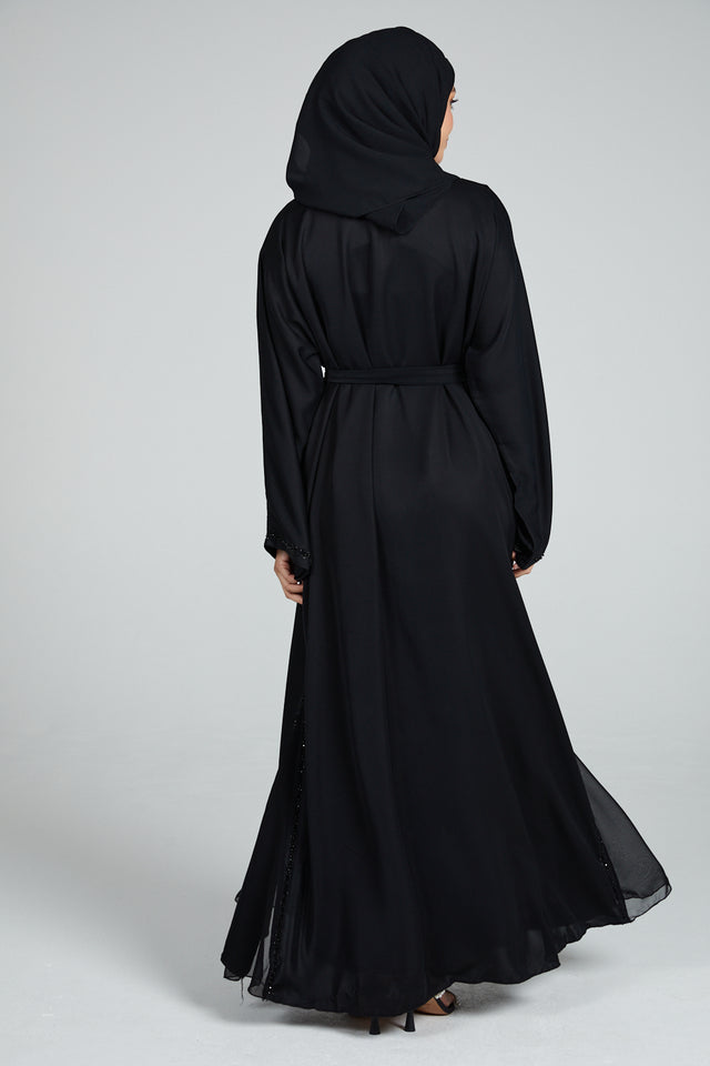 Premium Black Open Abaya with Embellished Piping and Chiffon Detail