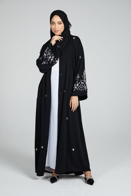 Celestial Floral Embellished Open Abaya - Black