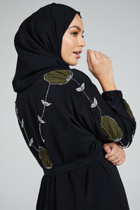 Four Piece Nirvana Floral Motif Embellished Open Abaya Set - Black & Khaki
