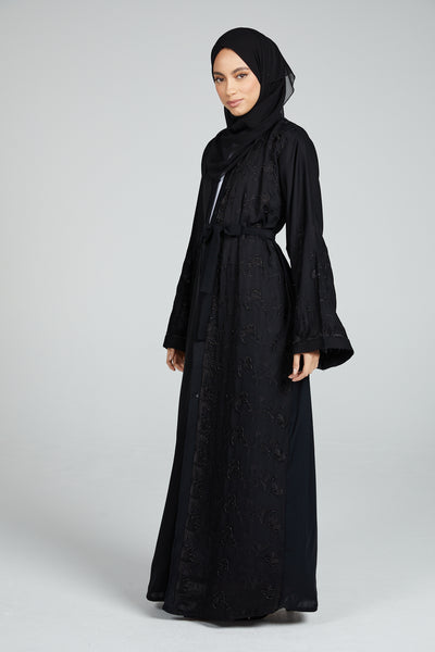 Premium Classic Black Open Abaya with Embellished Embroidery – AbayaButh